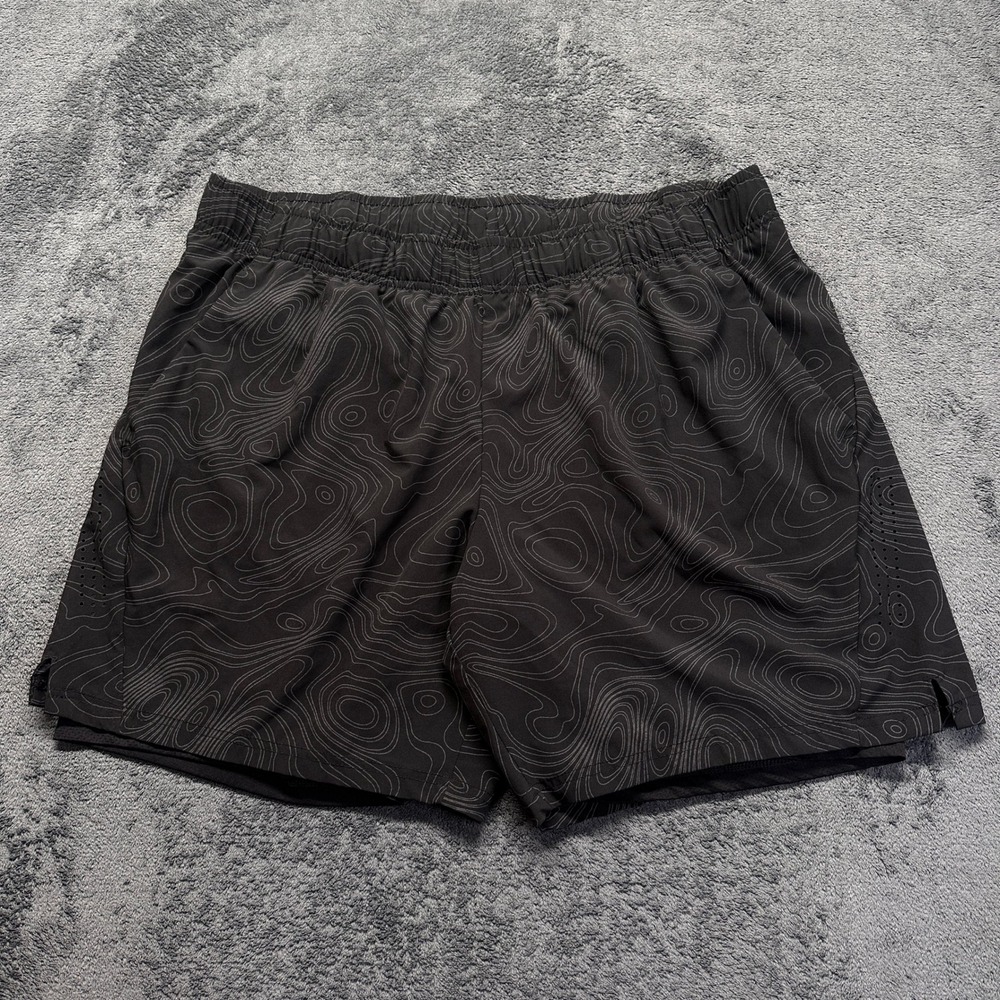 Performance Training Shorts Mens XL Black Topographic Print Running Lined 7"